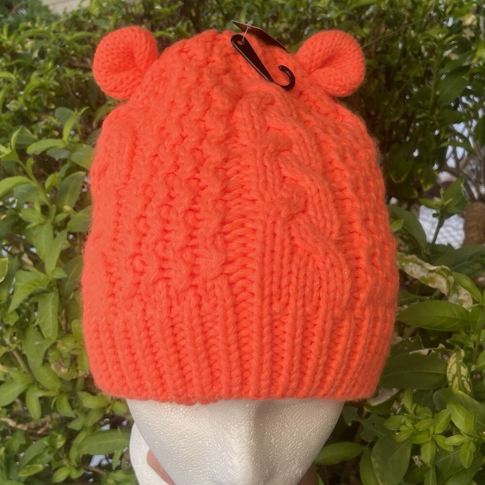 Olive Pique Bear Ear Beanie Hat Neon Orange Acrylic Cable Knit Cozycore Outdoor